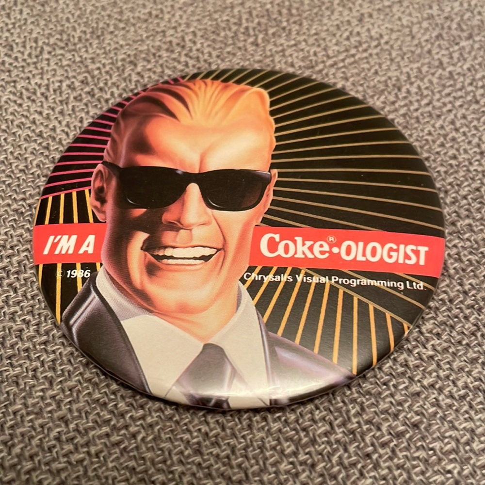 Vintage COKE 1986 Max Headroom Memorabilia Pin Button 3” Round